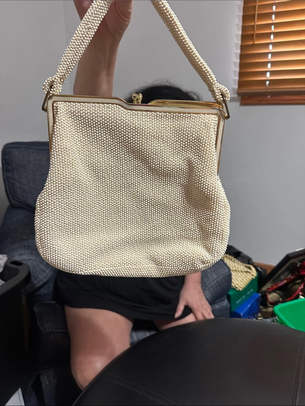 Vintage Beaded Cream Evening Bag with Pearl Handle